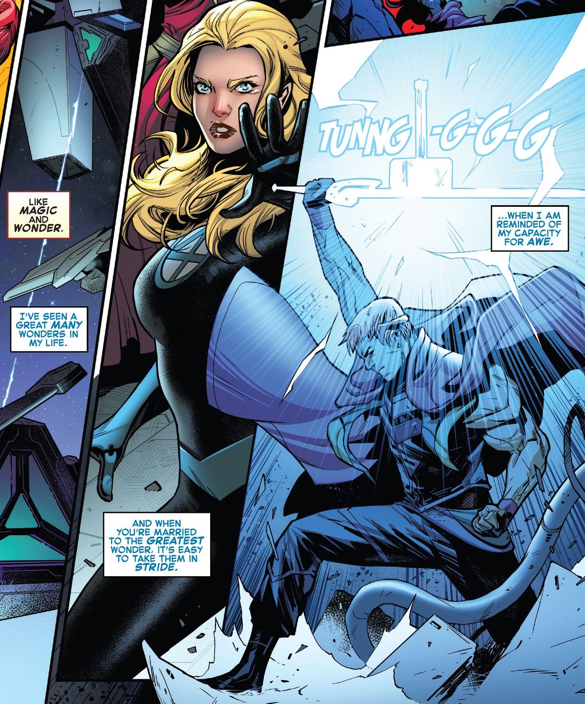 Teddy Altman/Hulkling blocks Thor’s hammer Mjolnir with his sword, in a blast of white hot electric light and a ringing “TUNNG-G-G-G,” in Empyre #1, Marvel Comics (2020). 
