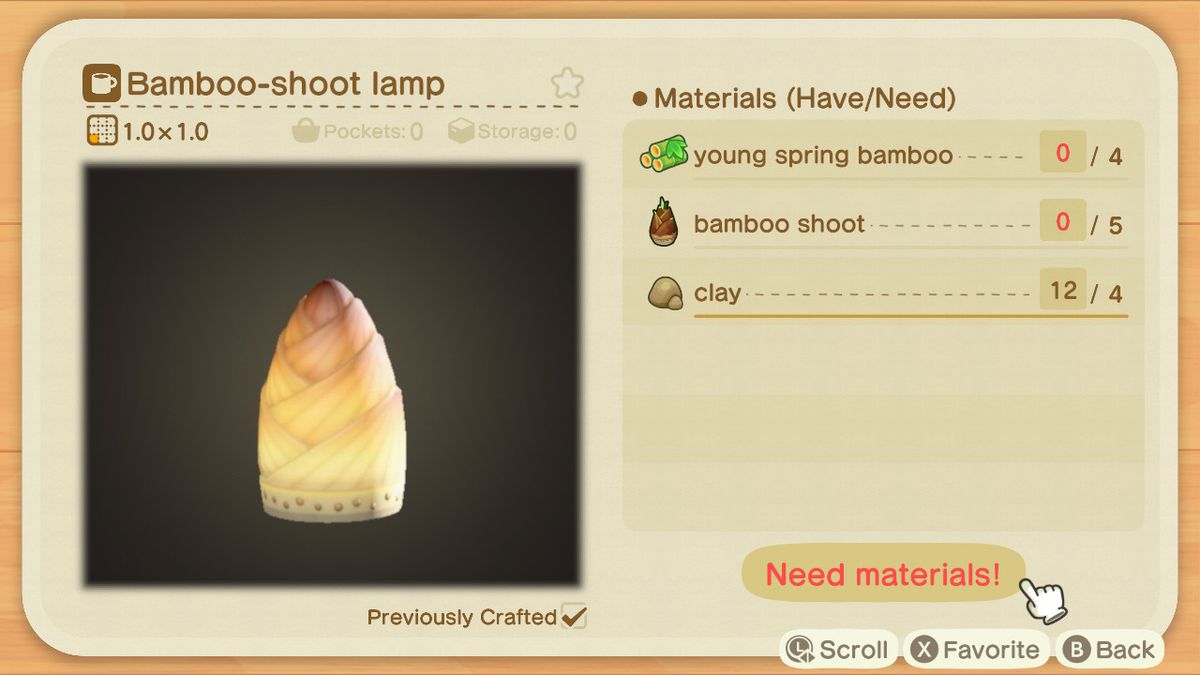 An Animal Crossing crafting screen for a Bamboo-shoot Lamp