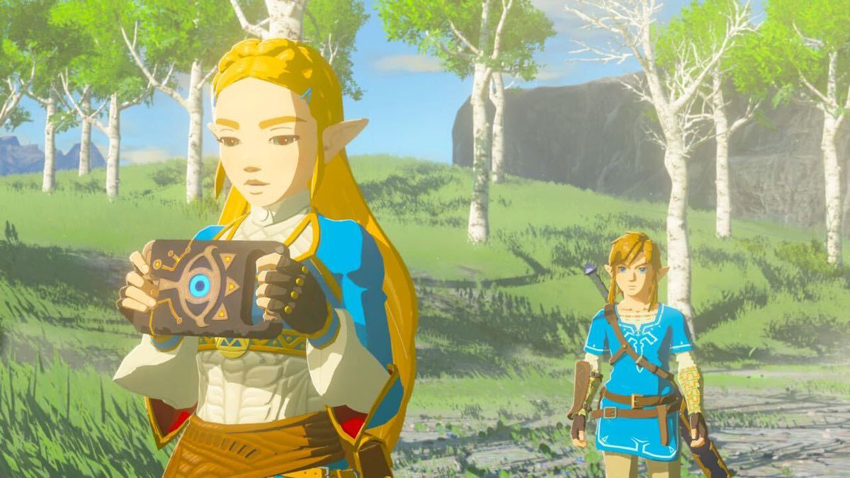 A screenshot from a cut scene in The Legend of Zelda: Breath of the Wild. Zelda and Link are walking outside as Zelda holds up and looks at the Sheikah slate tablet.