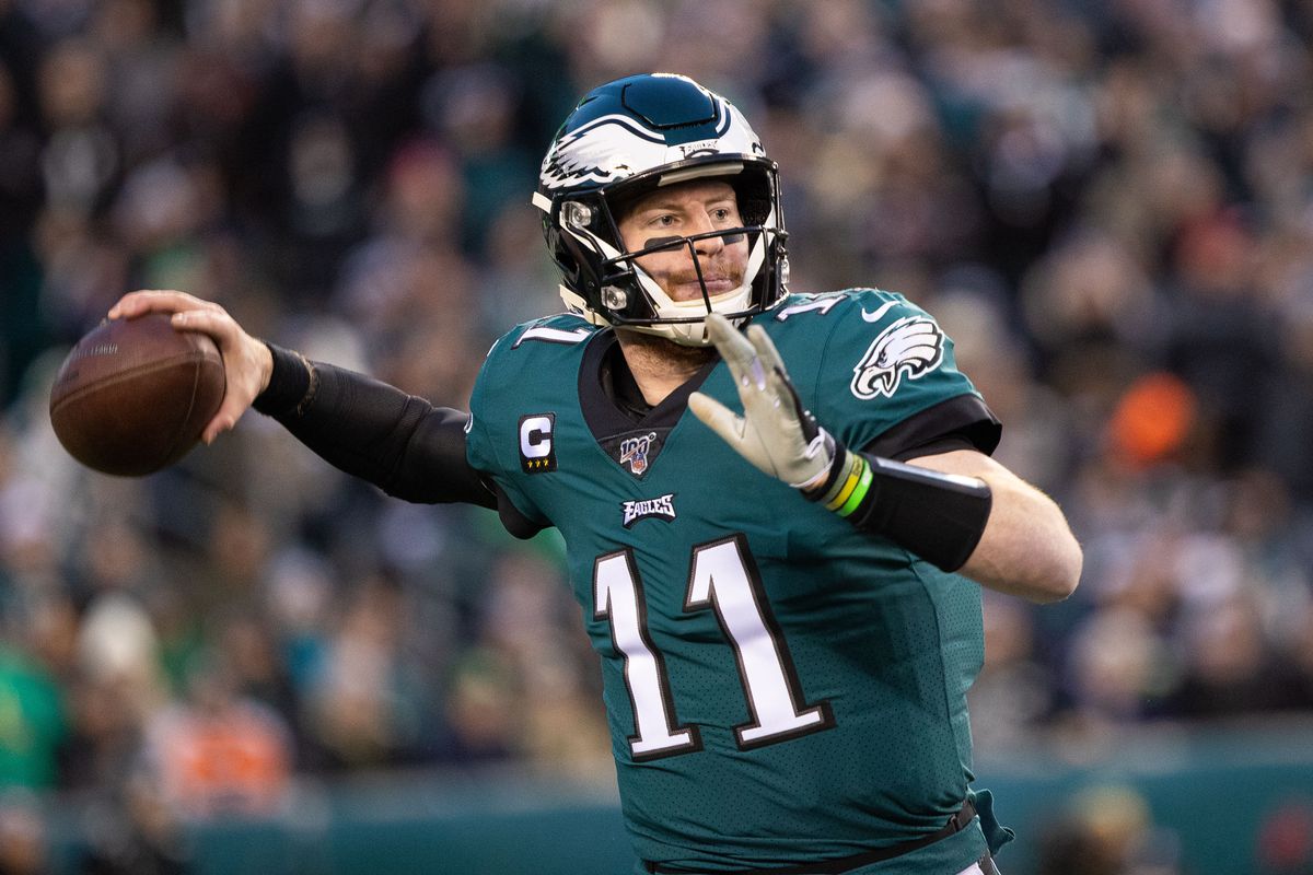 Philadelphia Eagles quarterback Carson Wentz passes against the Seattle Seahawks during the first quarter in a NFC Wild Card playoff football game at Lincoln Financial Field.
