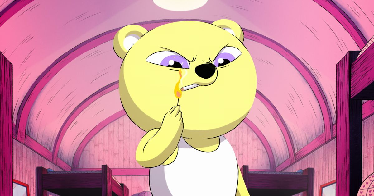 Coco, a pastel-yellow animated teddy bear with big purple eyes, glares at the world as he stands in a pastel-pink army barracks, wearing a sleeveless white T-shirt and lighting a cigarette in Unicorn Wars