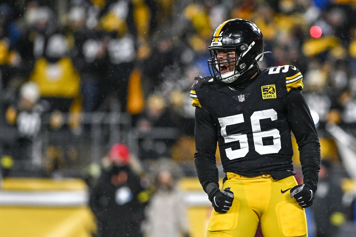 Alex Highsmith #56 of the Pittsburgh Steelers celebrates a sack against the Las Vegas Raiders in the third quarter at Acrisure Stadium on December 24, 2022 in Pittsburgh, Pennsylvania.