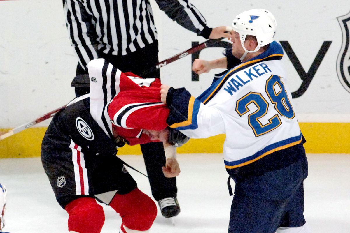 Chicago Blackhawks’ Reed Low brawls with St. Louis Blues’ Ma