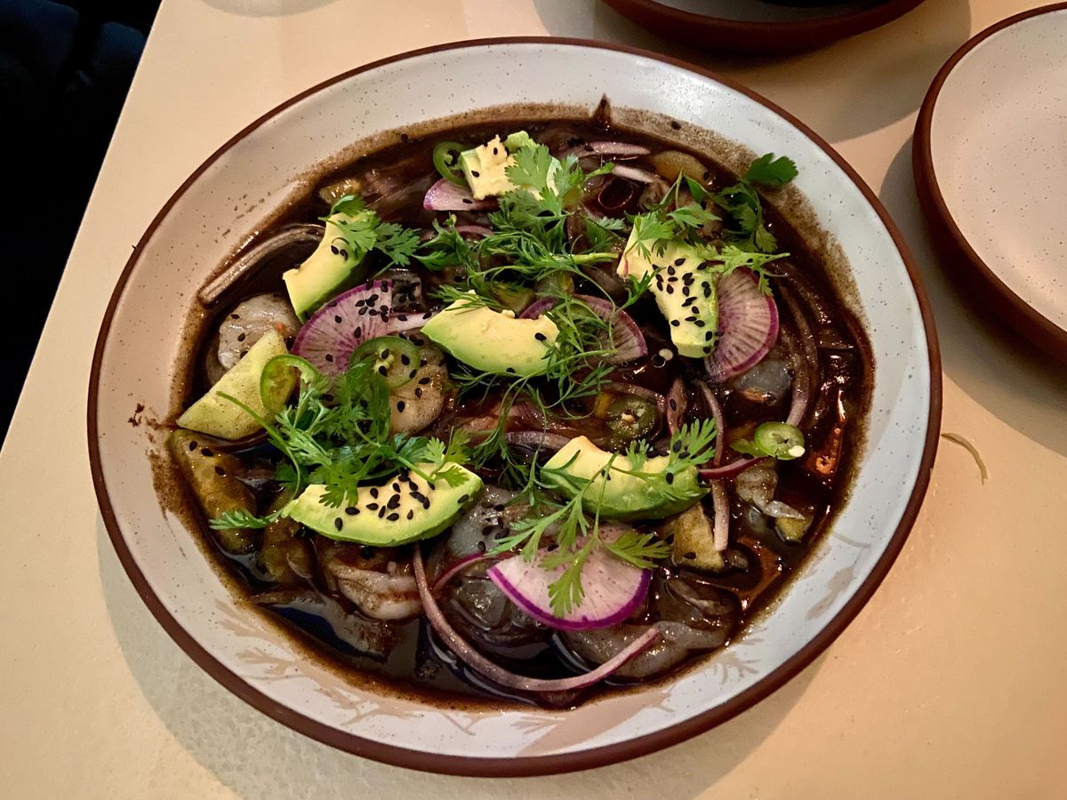 A shallow bowl with black liquid, is filled with seafood, thin sliced onions, and avocado.