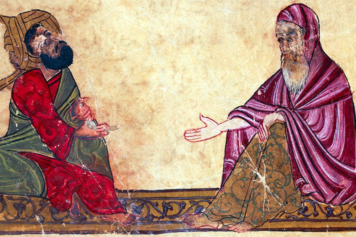 Turkey/Arabia: Two philosophers debating (to the right, possibly, Abu Yusuf al Kindi), ‘The best rulings and the most precious sayings of Al-Mubashshir’, 13th century CE