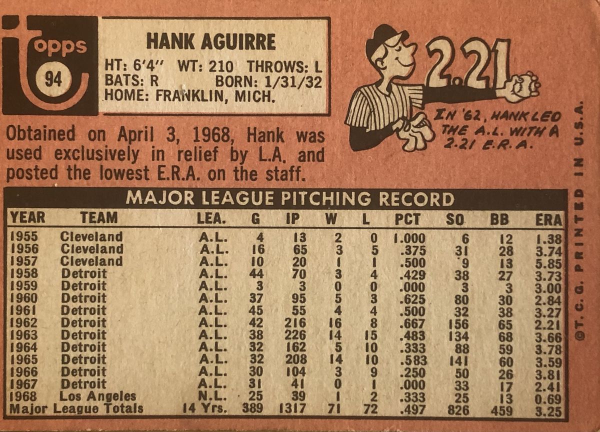 The back of Hank Aguirre’s 1969 Topps baseball card