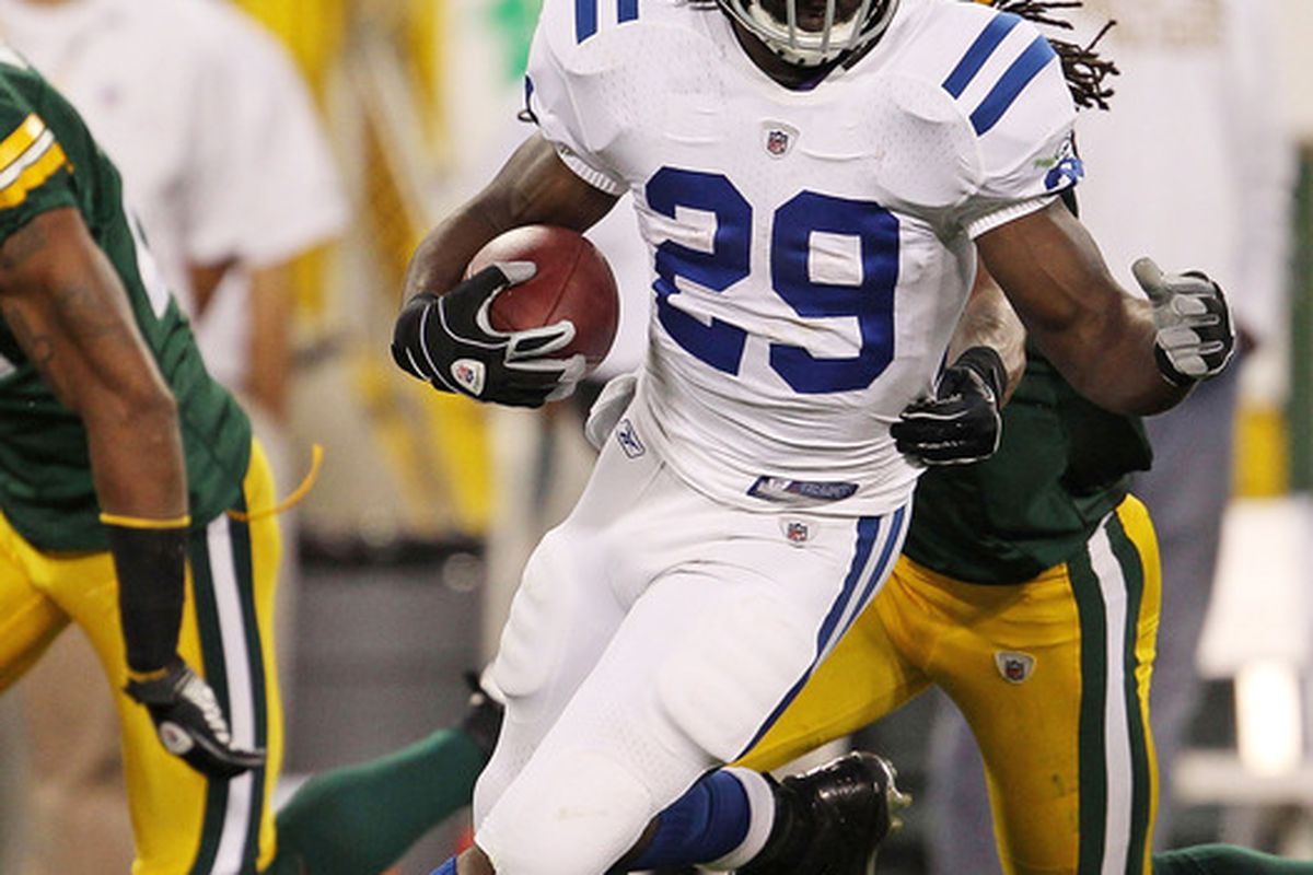 GREEN BAY WI - AUGUST 26: Joseph Addai #29 of the Indianapolis Colts runs for yardage against the Green Bay Packers during a preseason game at Lambeau Field on August 26 2010 in Green Bay Wisconsin. (Photo by Jonathan Daniel/Getty Images)
