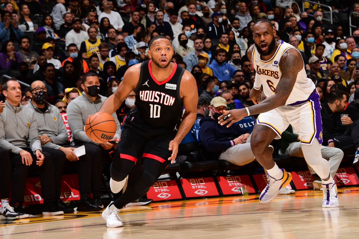 Eric Gordon #10 of the Houston Rockets drives to the basket during the game against the Los Angeles Lakers on October 31, 2021 at STAPLES Center in Los Angeles, California.