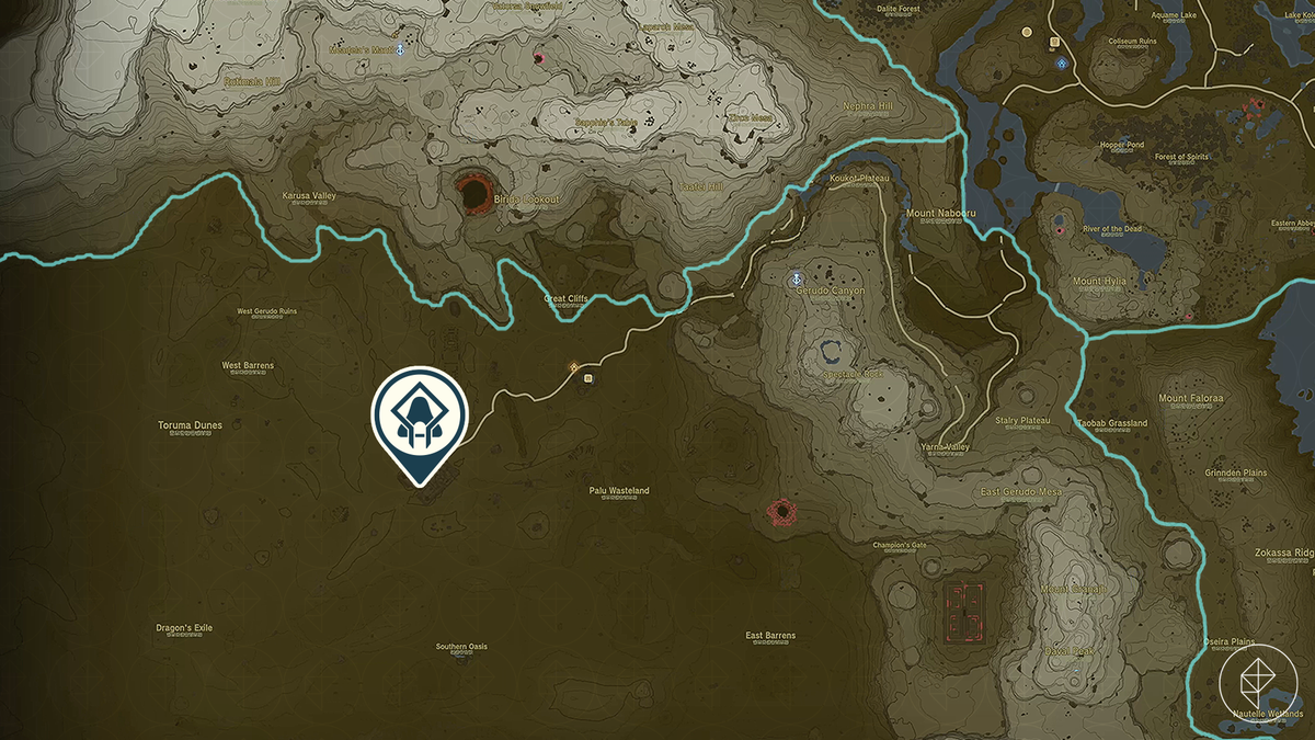The Legend of Zelda: Tears of the Kingdom&nbsp;map showing the location of Soryotanog Shrine.