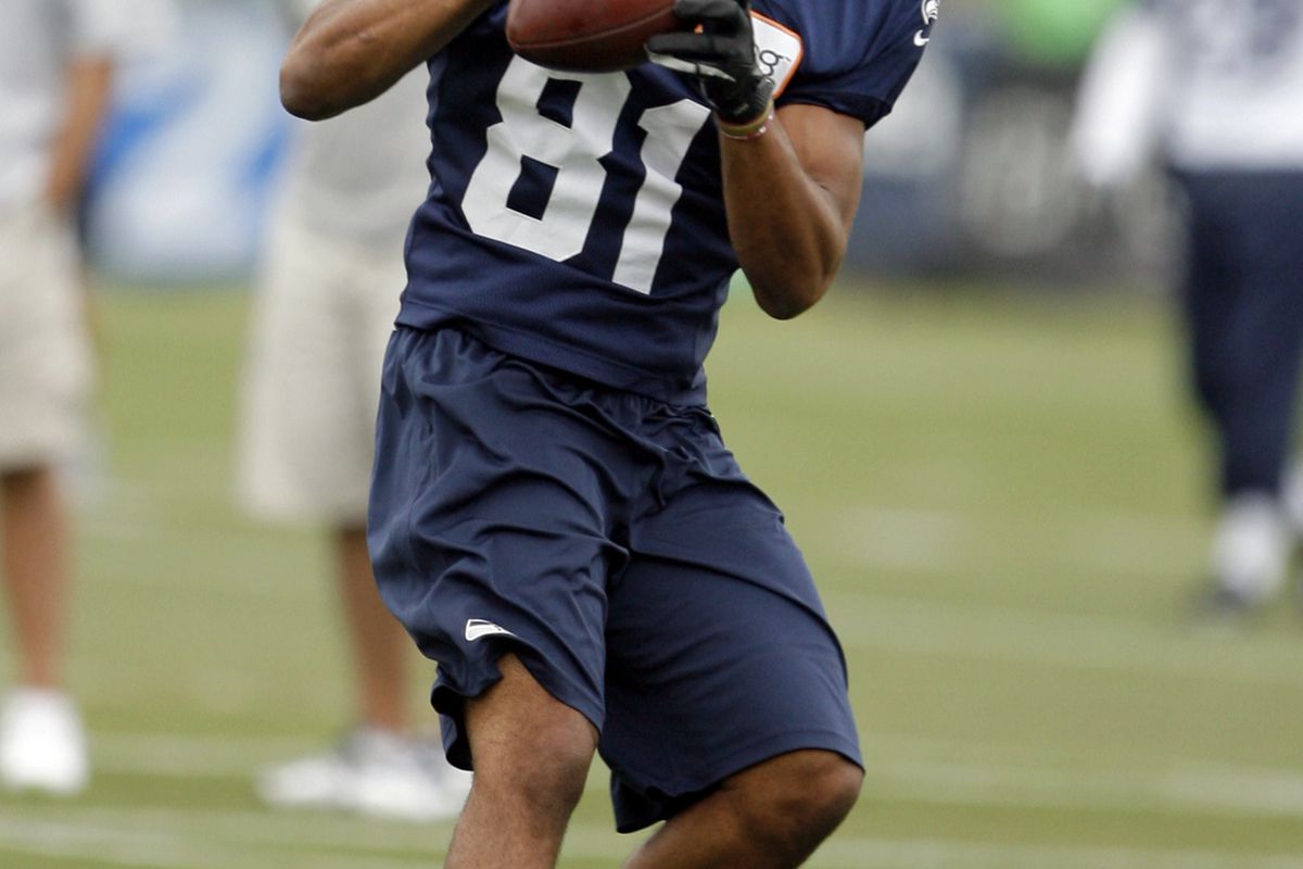 Aug 7, 2012; Renton, WA, USA; NFL: Seattle Seahawks wide receiver Golden Tate (81) catches a pass during a training camp drill at the Virginia Mason Athletic Center. Mandatory Credit: Joe Nicholson-US PRESSWIRE