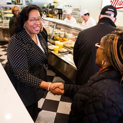 Candidate for City Treasurer Melissa Conyears-Ervin at Manny’s Deli, Tuesday, April 2nd, 2019. | James Foster/For the Sun-Times
