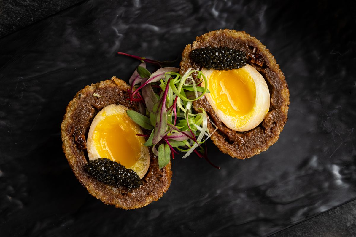 A caviar-topped scotch egg.