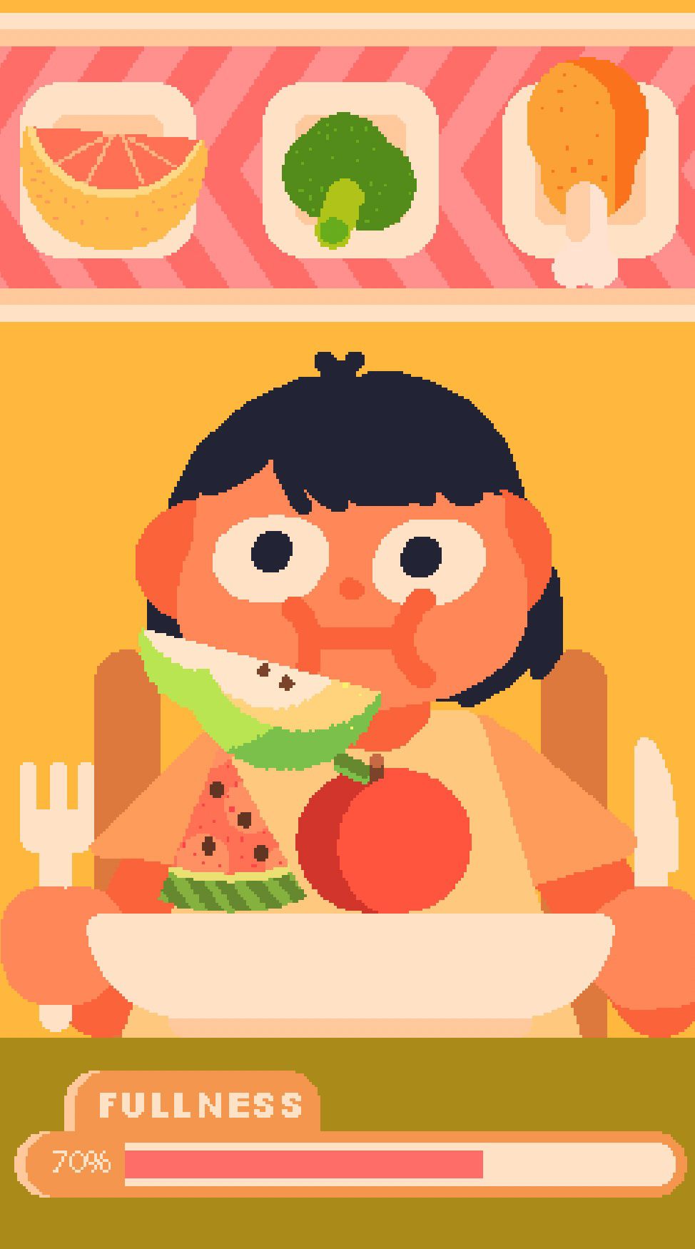 A cartoony character eats food with a meter for fullness below them