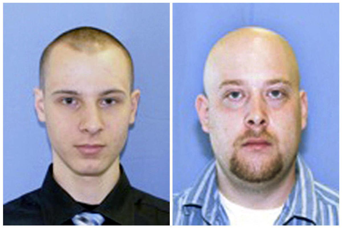 This combination of two undated photos provided by the Pittsburgh police shows Garda Cash Logistics armored car guards Kenneth Konias Jr., 22, of Dravosburg, Pa., left, and his partner, Michael Haines, of East McKeesport. Konias, wanted on charges he stol