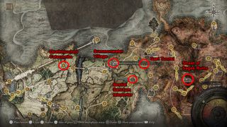 Elden Ring’in haritası, Deathtouched Yeraltı Mezarları, Summonwater Village, Bestial Sanctum ışınlayıcı, Gael Tüneli ve Sakes Ruins'in yerini gösteriyor