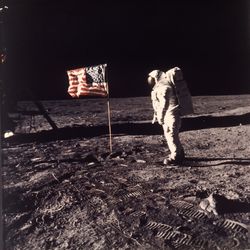 Astronaut Edwin E. "Buzz" Aldrin Jr.  poses for a photograph beside the U.S. flag deployed on the moon during the Apollo 11 mission on July 20, 1969. Aldrin and fellow astronaut Neil Armstrong were the first men to walk on the lunar surface with temperatures ranging from 243 degrees above to 279 degrees below zero. Astronaut  Michael Collins flew the command module. The trio was launched to the moon by a Saturn V launch vehicle at 7:32 a.m. MDT, July 16, 1969. They departed the moon July 21, 1969. The first landing of a human being on the moon on July 20, 1969, celebrates its 50th anniversary this year.