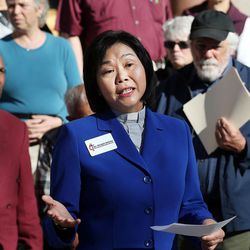 The Rev. Elizabeth Tay McVicker of First United Methodist Church and Centenary United Methodist Church speaks during a press conference at the City-County Building about the need for more affordable housing in Salt Lake City on Friday, Nov. 11, 2016.