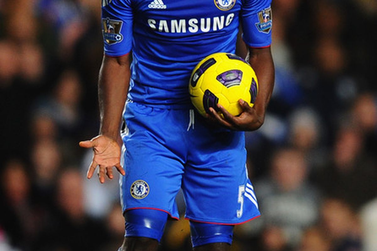 LONDON ENGLAND - JANUARY 15:  Michael Essien of Chelsea reacts during the Barclays Premier League match between Chelsea and Blackburn Rovers at Stamford Bridge on January 15 2011 in London England.  (Photo by Mike Hewitt/Getty Images)