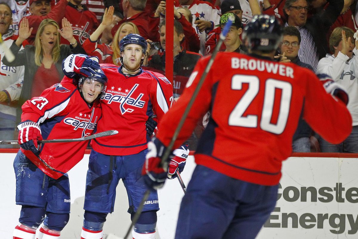 April 5, 2012; Washington, DC, USA; Washington Capitals center Brooks Laich (21) celebrates with teammates after scoring a goal against the Florida Panthers in the second period at Verizon Center. Mandatory Credit: Geoff Burke-US PRESSWIRE