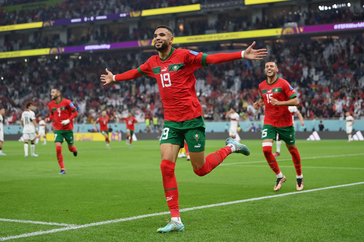Youssef En-Nesyri of Morocco celebrates after scoring the team’s first goal during the FIFA World Cup Qatar 2022 quarter final match between Morocco and Portugal at Al Thumama Stadium on December 10, 2022 in Doha, Qatar.