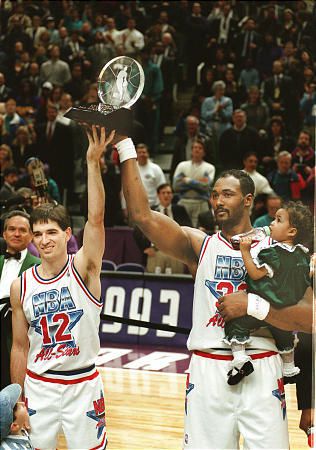 John Stockton and Karl Malone celebrate co-MVP status in the February 1993 NBA All-Star game.
