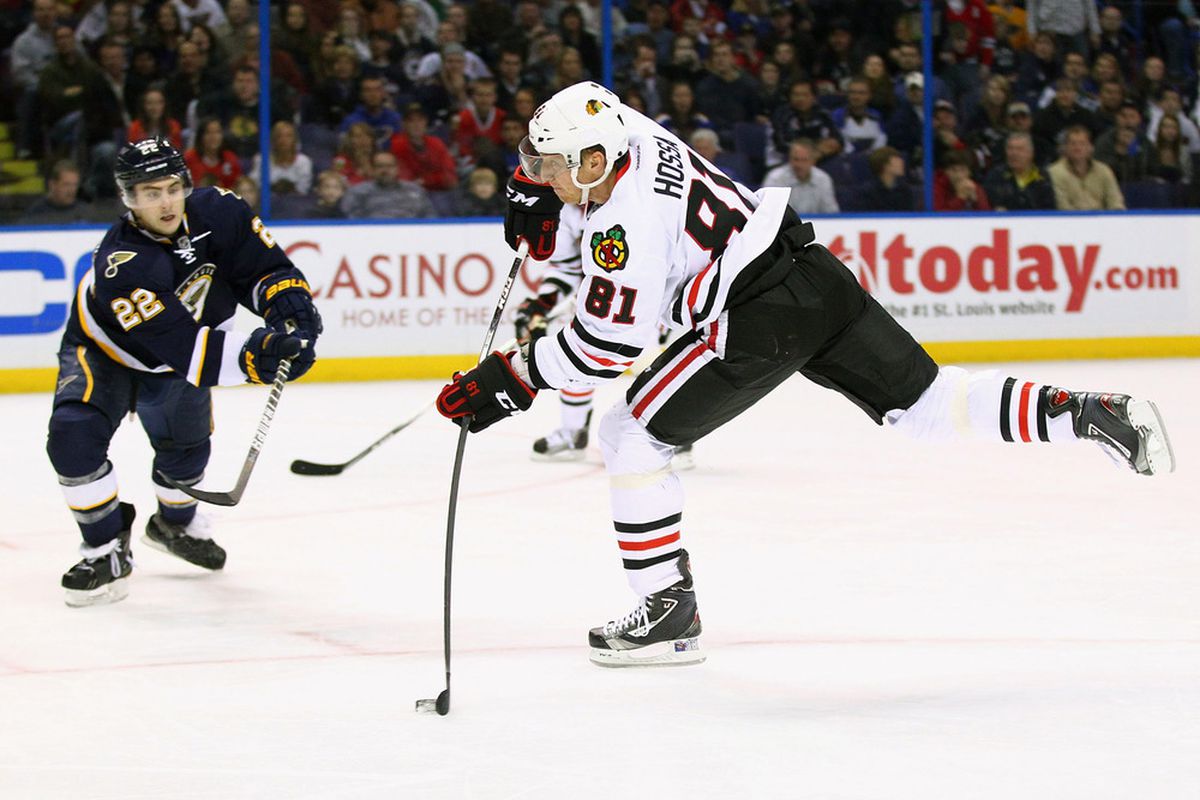 ST. LOUIS, MO - DECEMBER 3: Marian Hossa #81 of the Chicago Blackhawks scores a short-handed goal against the St. Louis Blues at the Scottrade Center  on December 3, 2011 in St. Louis, Missouri.  (Photo by Dilip Vishwanat/Getty Images)