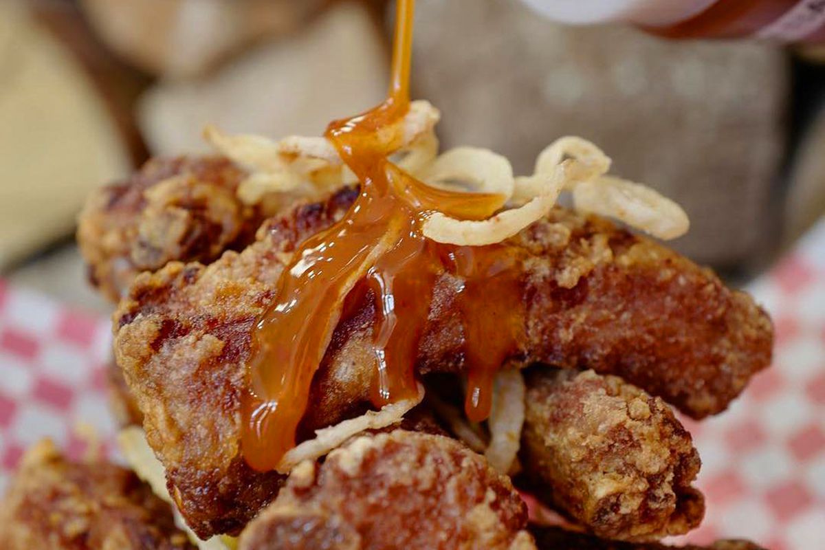 Deep fried ribs drizzled with mango habanero sauce will join the barbecue menu at L2 Texas BBQ created by Texas Meltz.