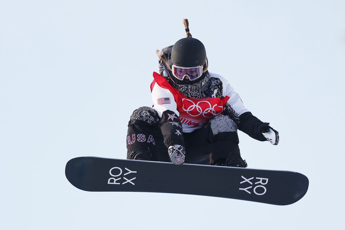 Chloe Kim of United States performs a trick on a practice run during the Women’s Snowboard Halfpipe Qualification on Day 5 of the Beijing 2022 Winter Olympic Games at Genting Snow Park on February 09, 2022 in Zhangjiakou, China.