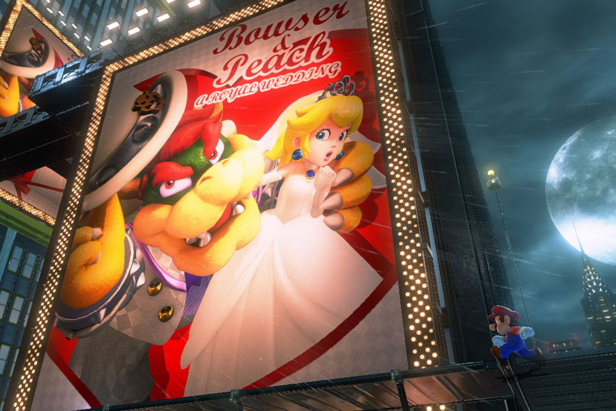 A screenshot of Mario running toward a billboard featuring Bowser and Peach in wedding attire