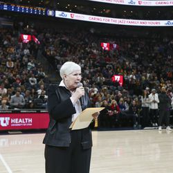 Utah Jazz owner Gail Miller addresses fans regarding conduct during games after an incident involving Oklahoma City Thunder player Russell Westbrook before the Jazz played the Minnesota Timberwolves at Vivint Arena in Salt Lake City on Thursday, March 14, 2019.