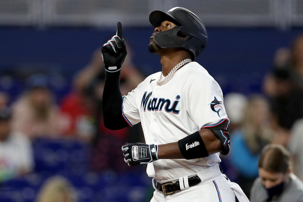 Jorge Soler #12 of the Miami Marlins celebrates after hitting a home run against the Seattle Mariners during the ninth inning at loanDepot park