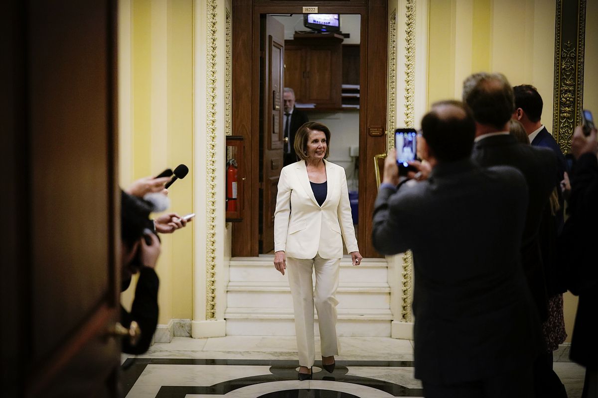 U.S. House Minority Leader Rep. Nancy Pelosi (D-CA) comes out from the House chamber after her 8-hour long speech on immigration at the Capitol February 7, 2018 in Washington, DC. Pelosi exercised her power as minority leader and launched a filibuster-lik