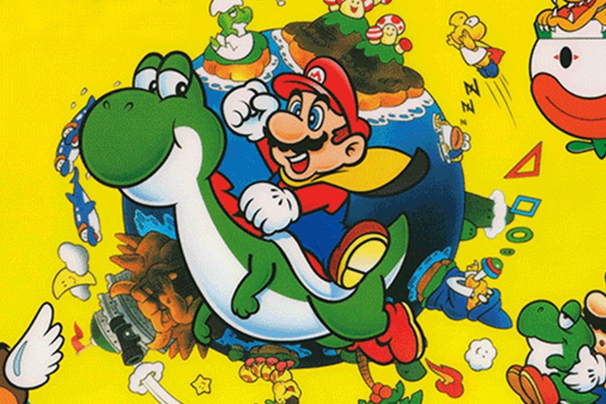 Super Mario World artwork featuring Mario riding Yoshi