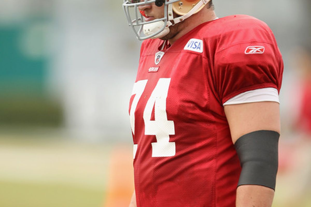 SANTA CLARA CA - AUGUST 02:  Joe Staley #74 works out during the San Francisco 49ers training camp at their training complex on August 2 2010 in Santa Clara California.  (Photo by Ezra Shaw/Getty Images)