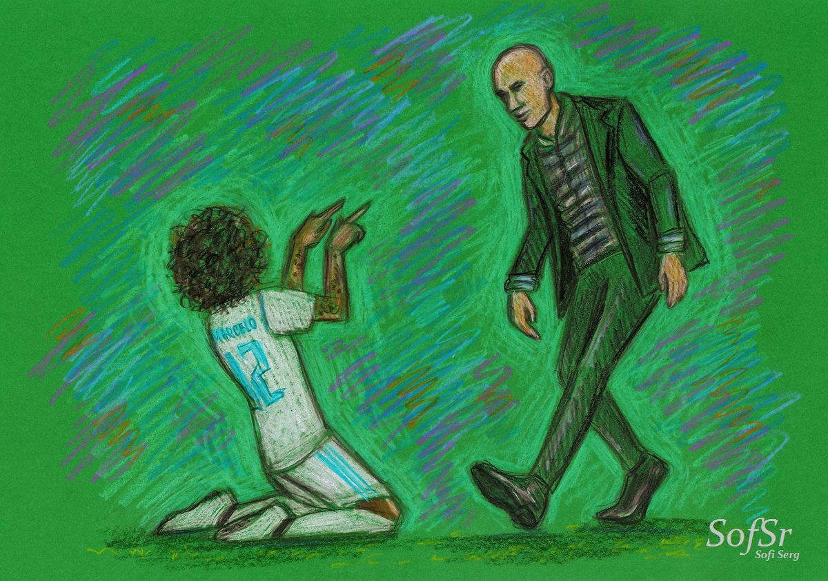 Marcelo celebrating his goal with Zinedine Zidane. Drawing by Sofi Serg.