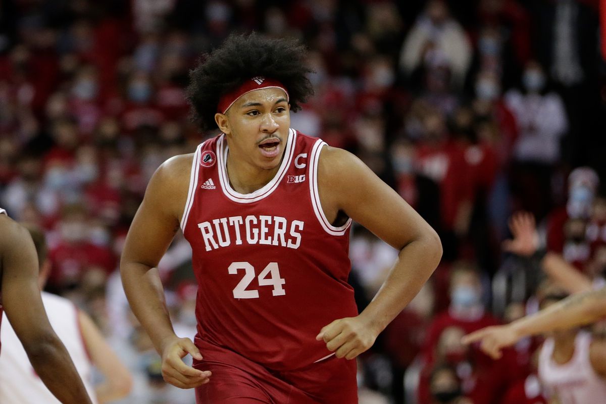 Ron Harper Jr. of the Rutgers Scarlet Knights runs down court during the second half of the game against the Wisconsin Badgers at Kohl Center on February 12, 2022 in Madison, Wisconsin.