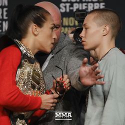 Joanna Champion and Rose Namajunas square off at UFC 217 presser.