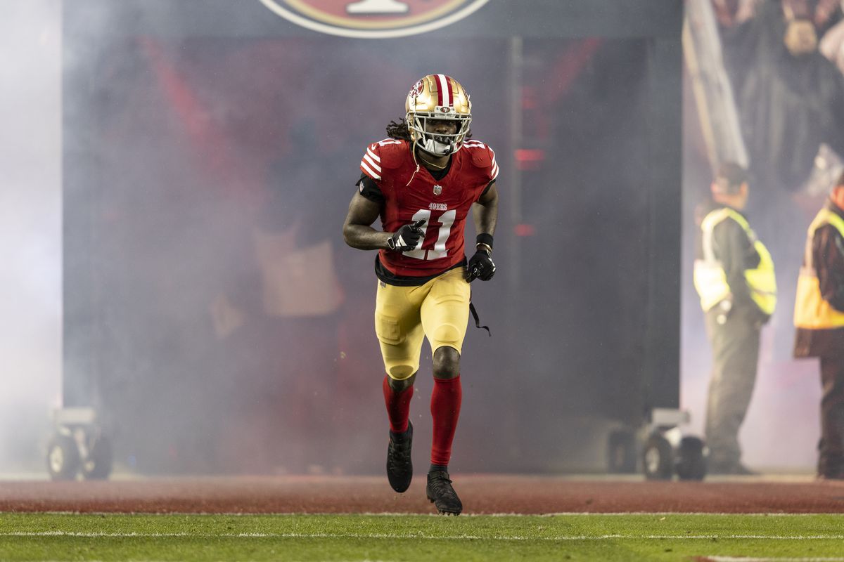 Brandon Aiyuk #11 of the San Francisco 49ers takes the field prior to an NFL divisional round playoff football game between the San Francisco 49ers and the Green Bay Packers at Levi’s Stadium on January 20, 2024 in Santa Clara, California.