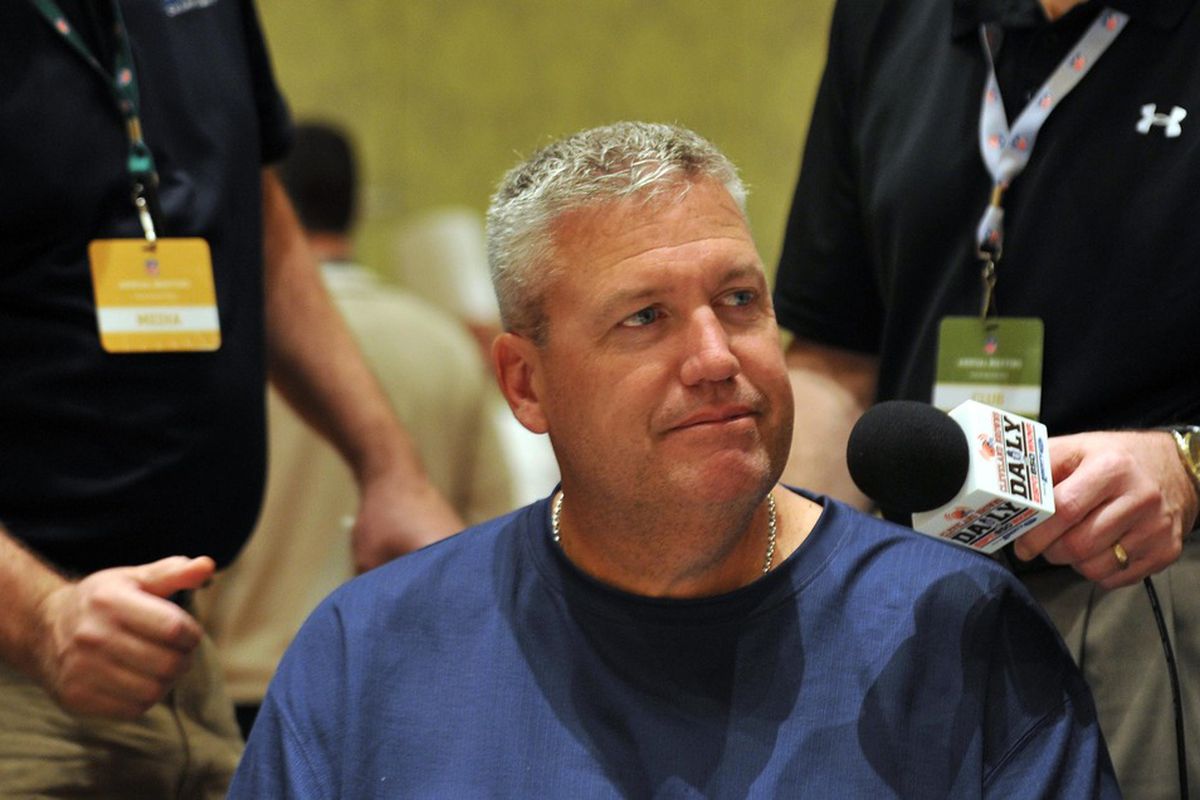 March 27,  2012; Palm Beach, FL, USA; New York Jets head coach Rex Ryan listens to a reporters questions during the AFC head coaches media breakfast at the Breakers Hotel. Mandatory Credit: Steve Mitchell-US PRESSWIRE