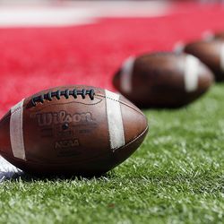 Footballs are lined up on the goal line before the Utah Utes face the Idaho State Bengals in NCAA football in Salt Lake City on Saturday, Sept. 14, 2019.