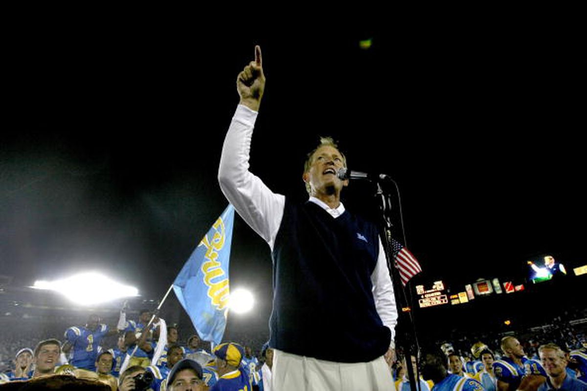 Here is to Rick Neuheisel leaving - what must be his last game as UCLA head coach tomorrow - as a winner (just like his first one, pictured above). (Photo by Stephen Dunn/Getty Images) 