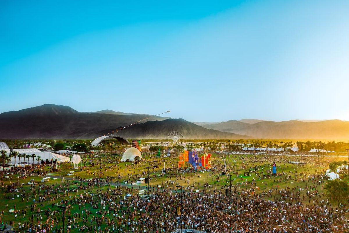 A sky-high view of the Coachella Valley Music and Arts Festival grounds, with tents and lots of people.