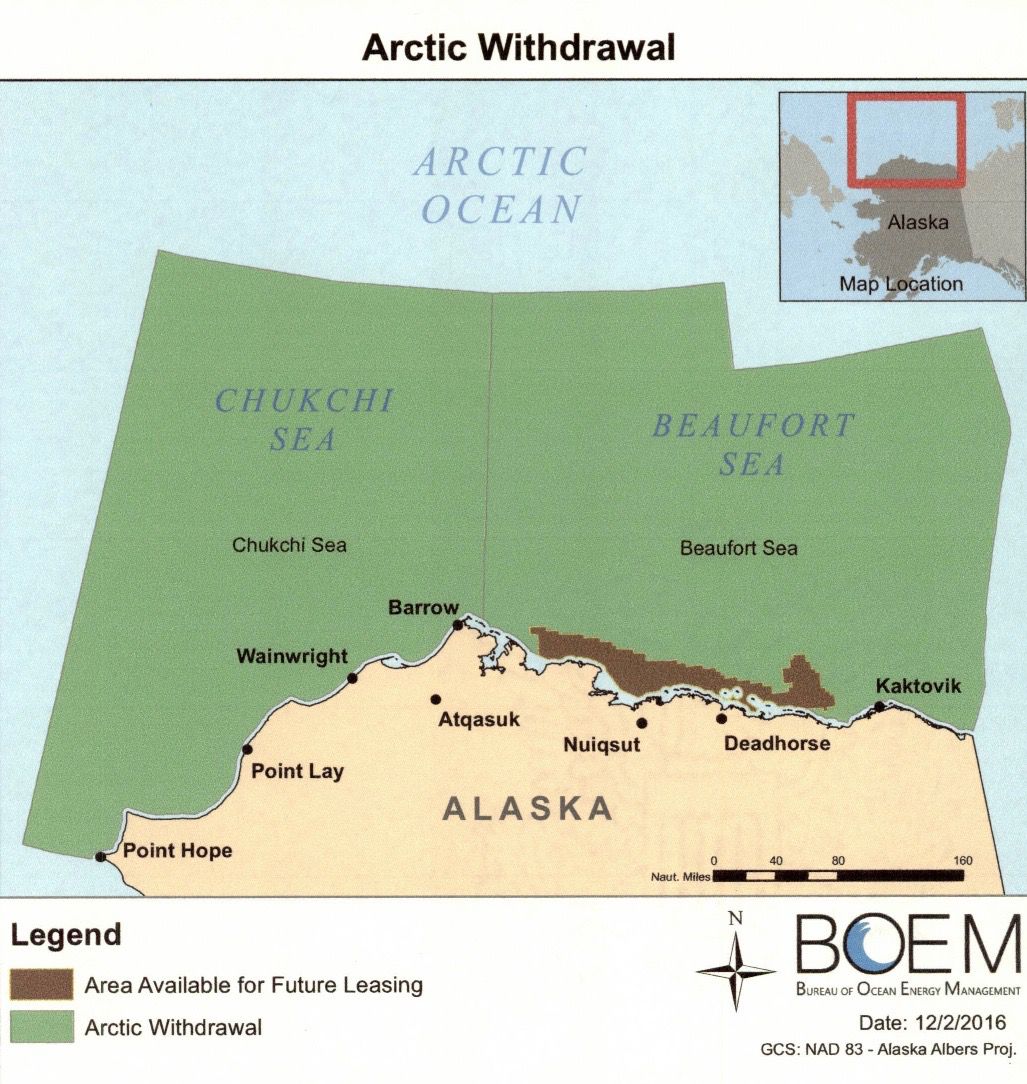President Obama protected the green regions under the 1953 Outer Continental Shelf Lands Act