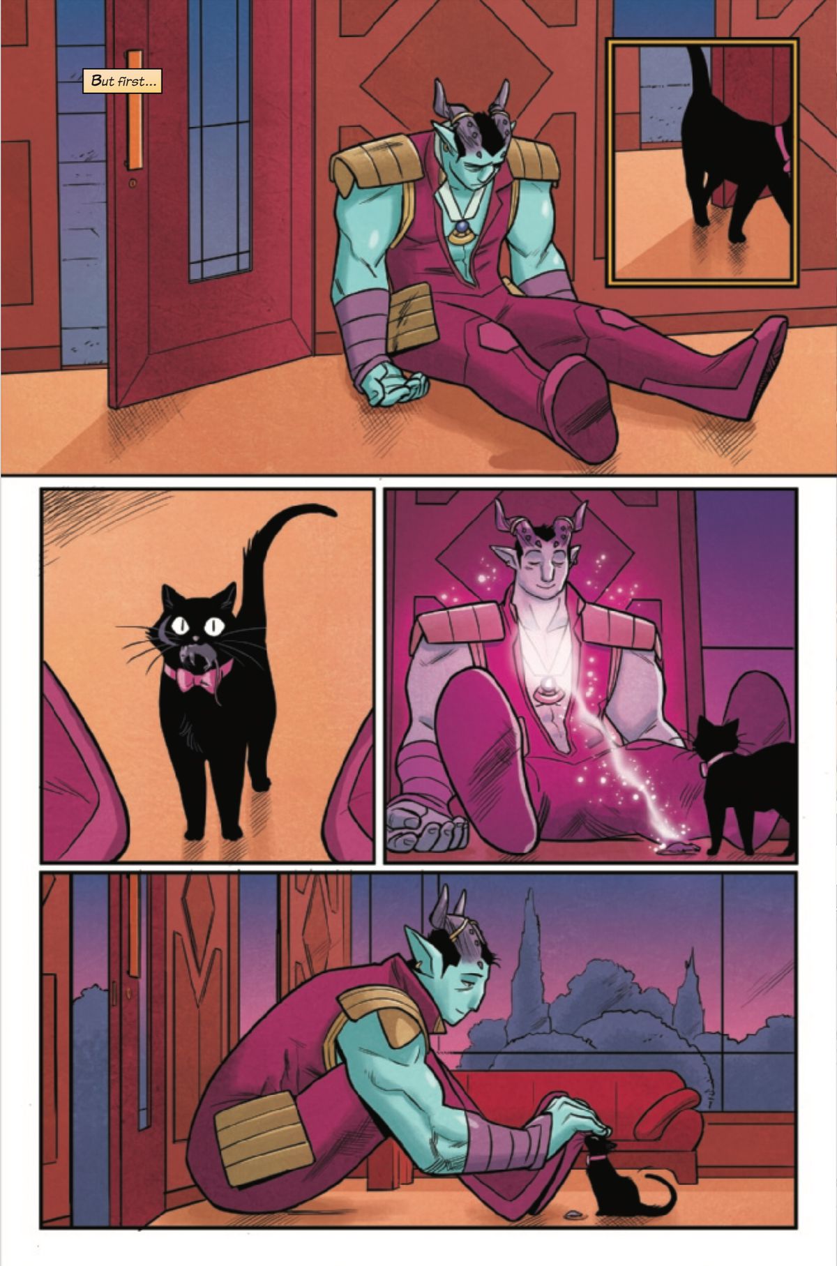 An adorable black cat offers the sacrifice of a dead mouse to Gib of the Gibborim in Runaways #26, Marvel Comics (2019). 
