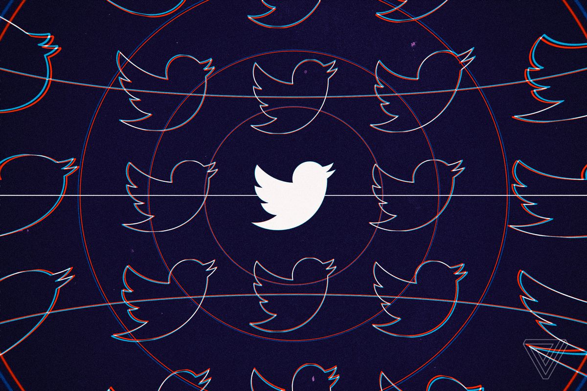 The Twitter bird logo in white against a dark background with outlined logos around it and red circles rippling out from it.
