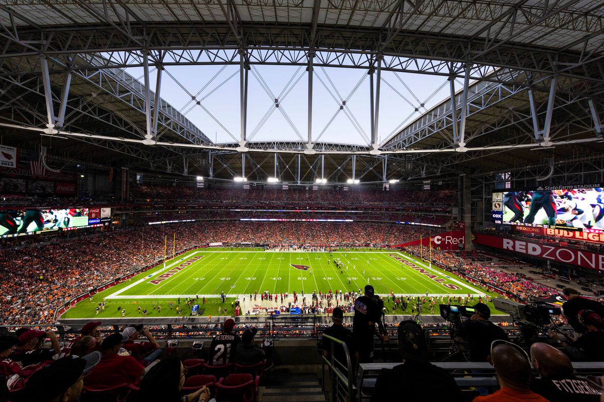 General view of the interior of State Farm Stadium from an elevated position during an NFL regular season football game against the Arizona Cardinals at State Farm Stadium on October 18, 2018, in Glendale, AZ.