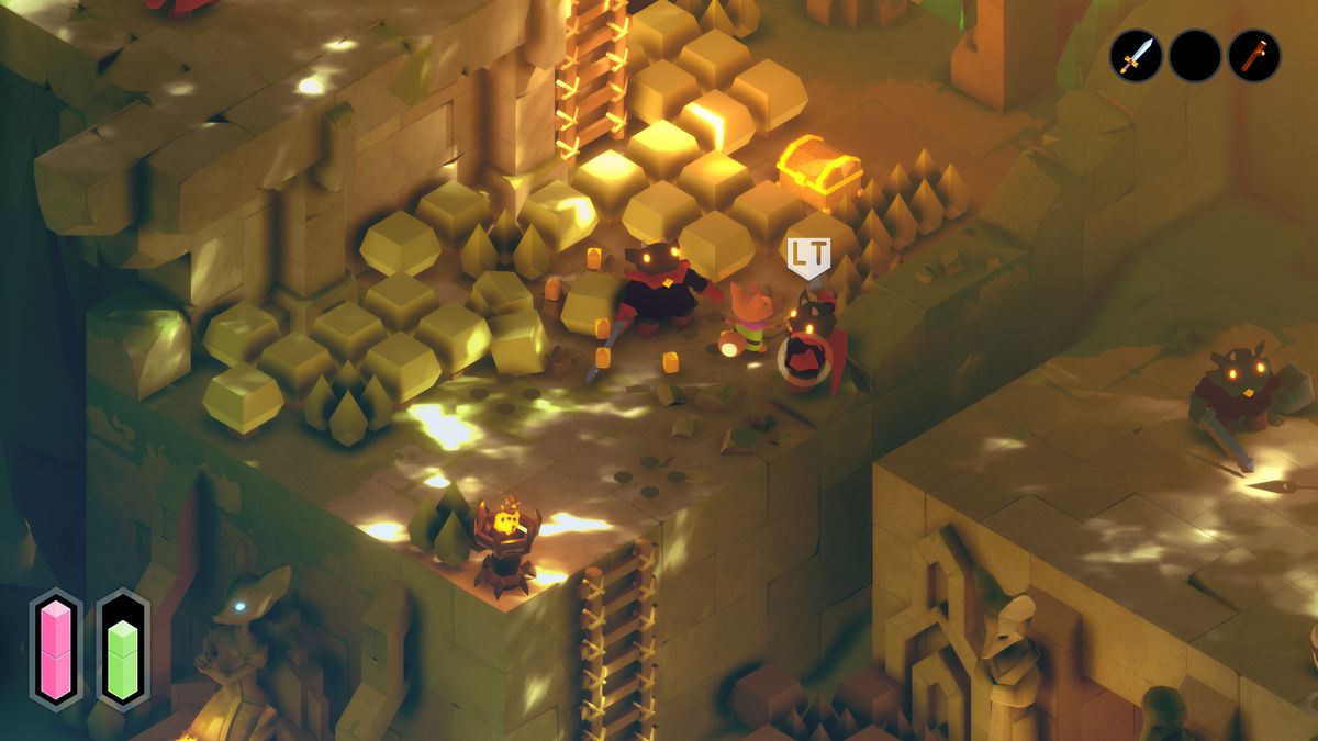 A screenshot of the tunic showing LT near an enemy, signifying the block request. 