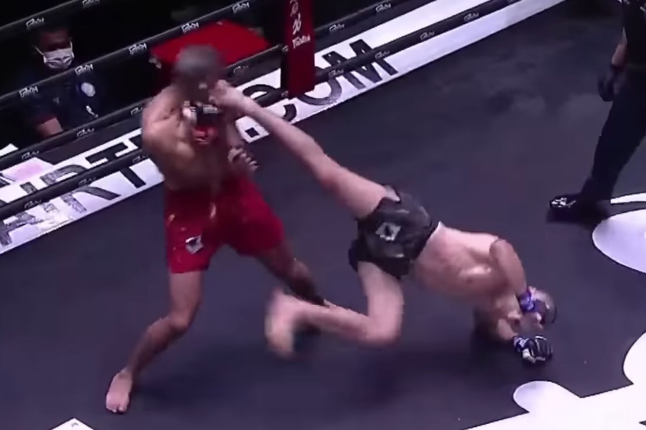 Missed Fists: Muay Thai fighter connects with explosive rolling thunder kick knockout