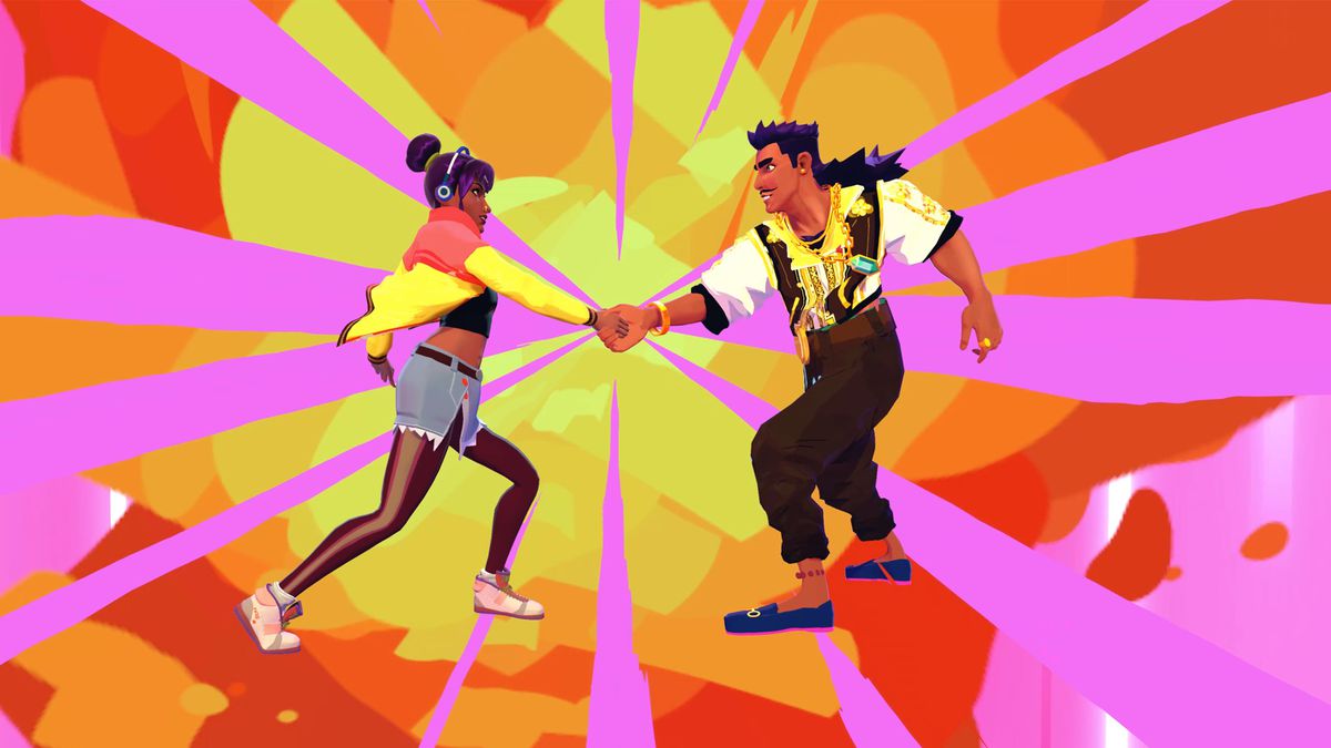 A South Asian woman and man do a dance as bursts of red, yellow, orange, and pink burst extend around them in Thirsty Suitors