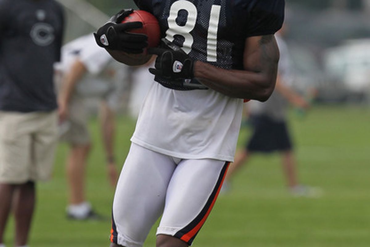 BOURBONNAIS, IL - AUGUST 06:  Sam Hurd #81 of the Chicago Bears works out during a summer training camp practice at Olivet Nazarene University on August 6, 2011 in Bourbonnais, Illinois.  (Photo by Jonathan Daniel/Getty Images)
